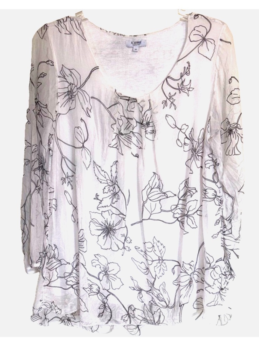 Ivory Floral 100% Silk Blouse Womens M Made in Italy Flowy Boho 3/4 Sleeve Top